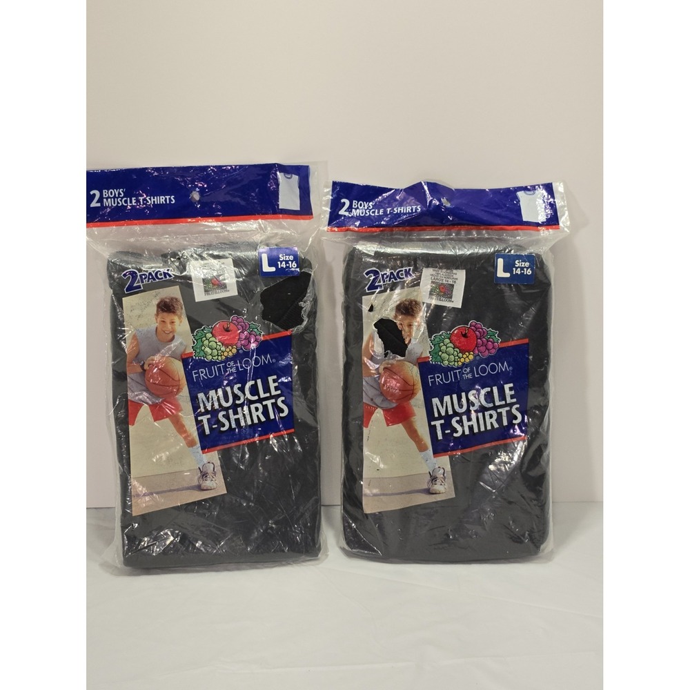 Lot Of 2 Vintage 2000 Fruit Of The Loom BoysL 14-16 Muscle Shirt 3 Black 1 Grey